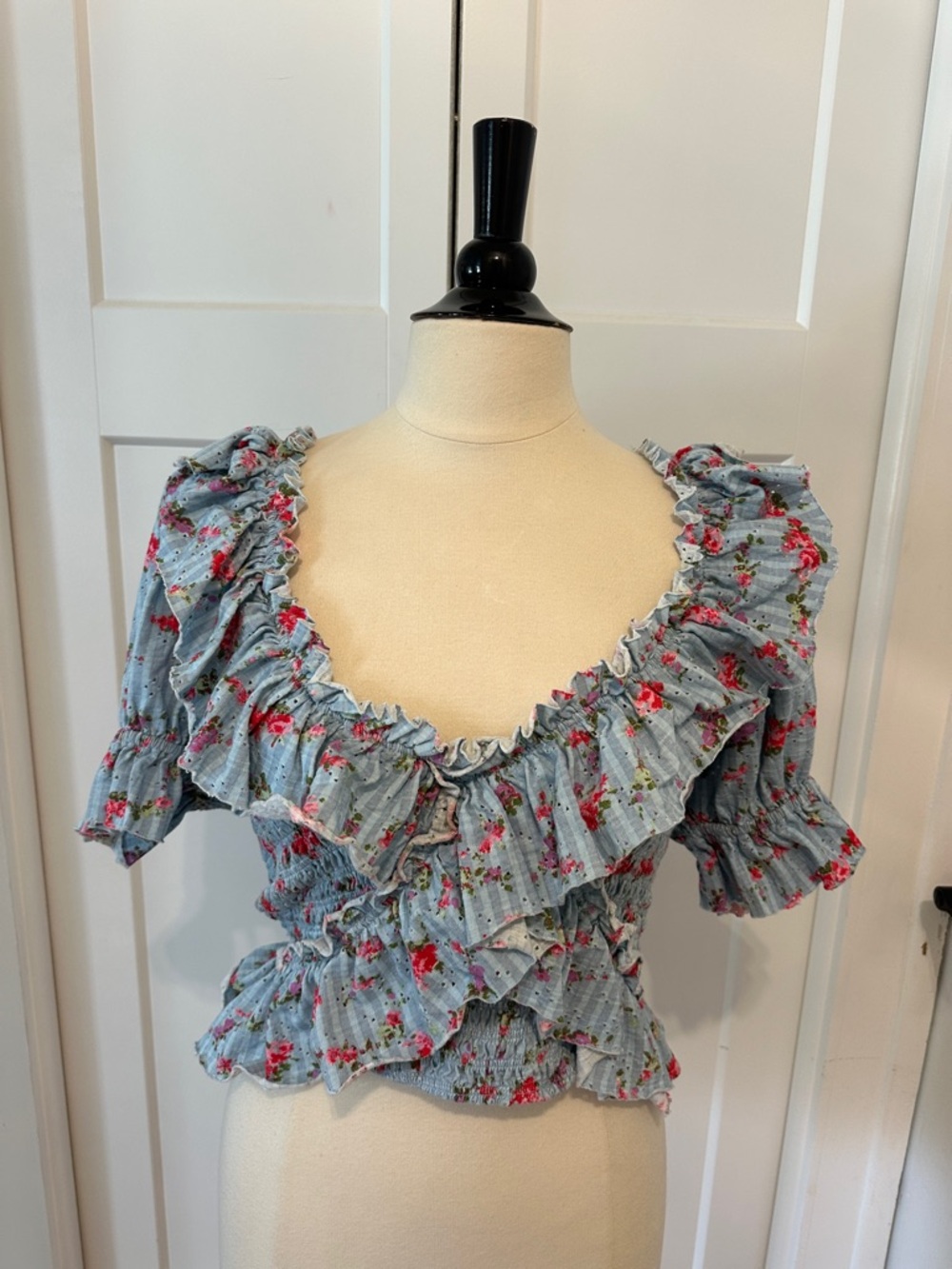 Free People Blue Floral Ruffle Smocked Crop Blouse